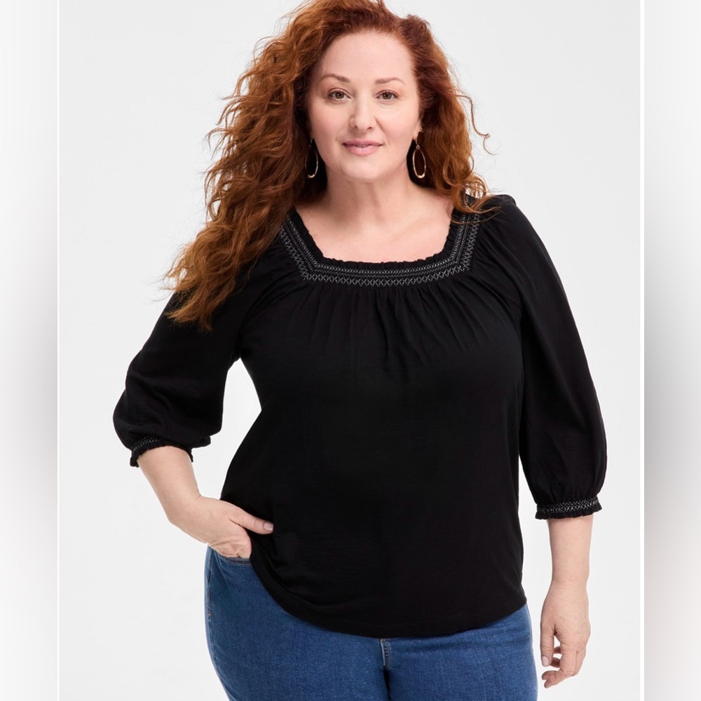 Style & Co Pullover Smocked 3/4 Sleeve Black Top - Size 3X 22-24W